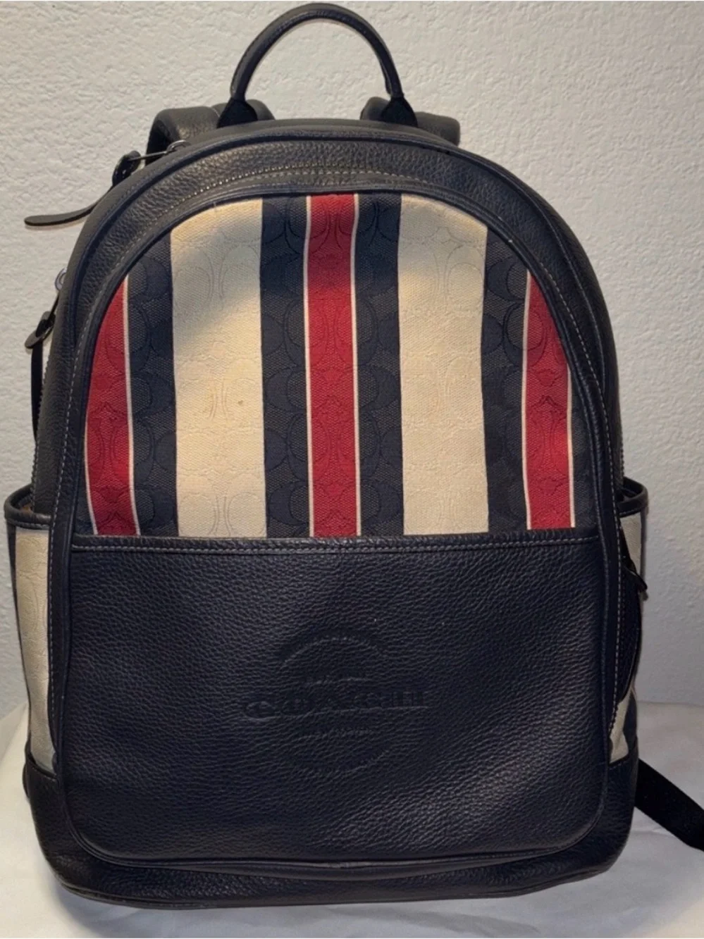 Coach Navy, Cream & Red Striped Men’s Leather Backpack
